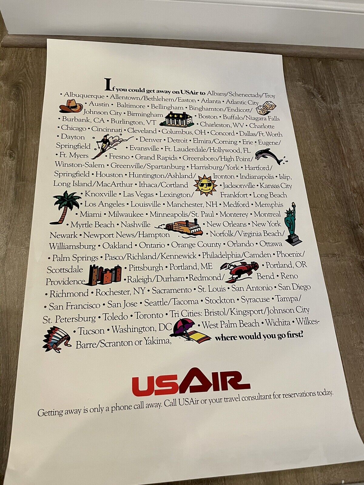Vintage US Air Listed Destinations Poster 21 1/2” x 34 1/2”