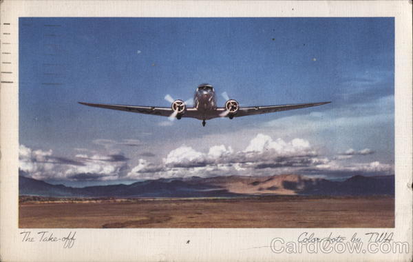 Aircraft 1947 The Take Off-TWA TWA Linen Postcard 5c stamp Vintage Post Card