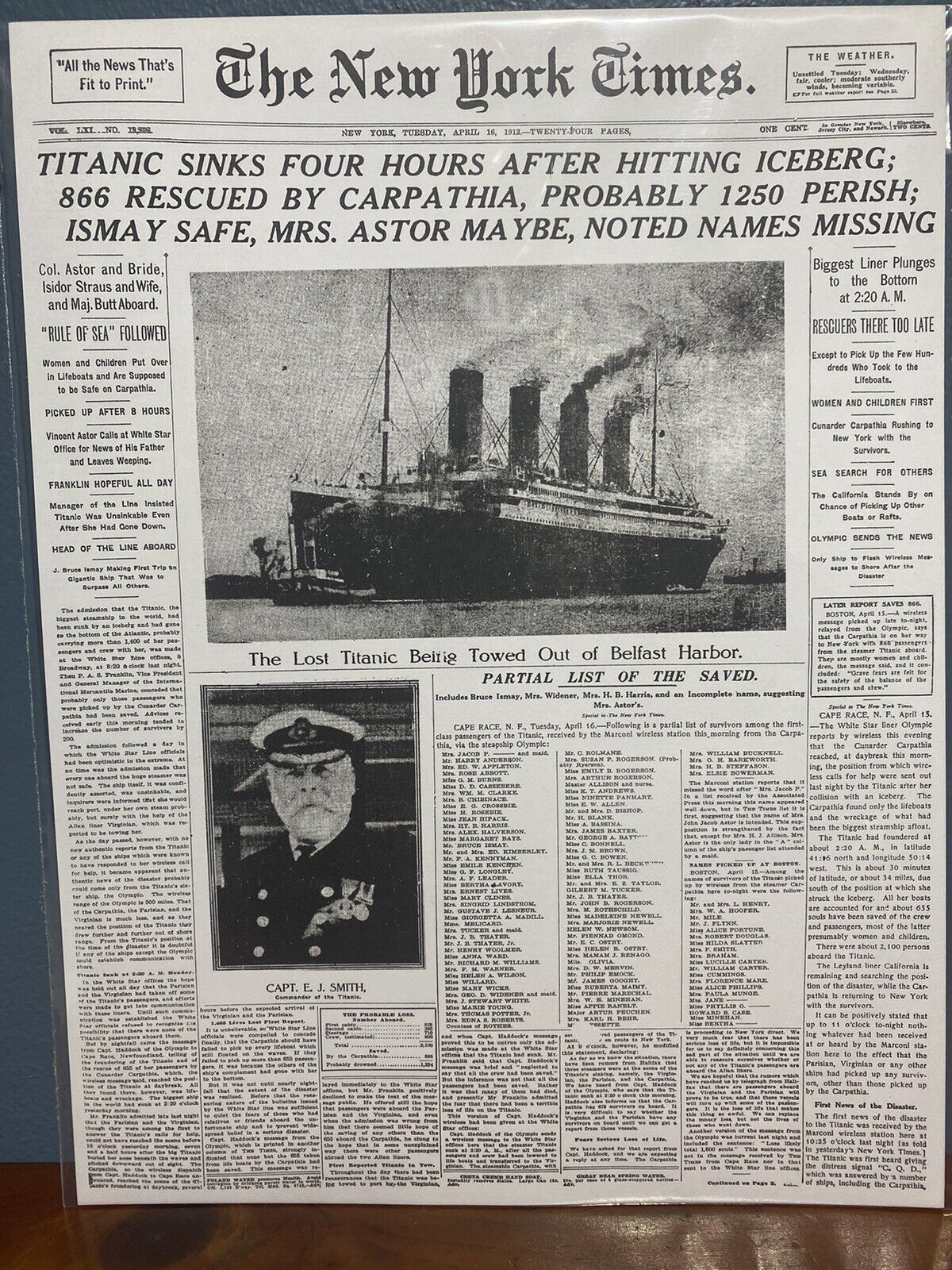 VINTAGE NEWSPAPER HEADLINE ~TITANIC SINKS CAPTAIN E.J. SMITH HITS ICEBERG 1912