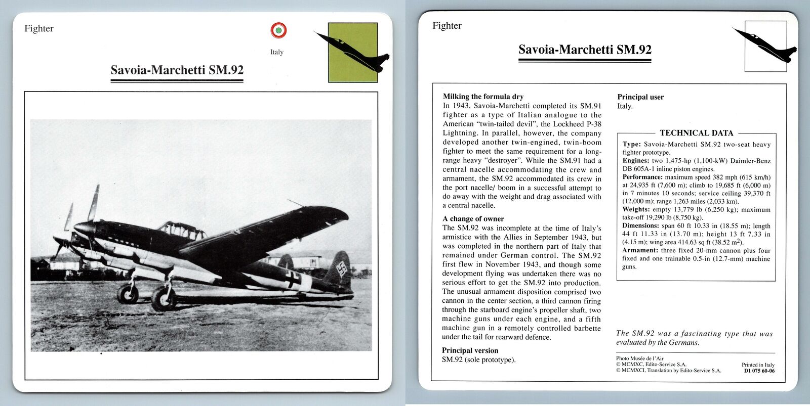 Savoia-Marchetti SM.92 - Fighter - Warplanes Collectors Club Card