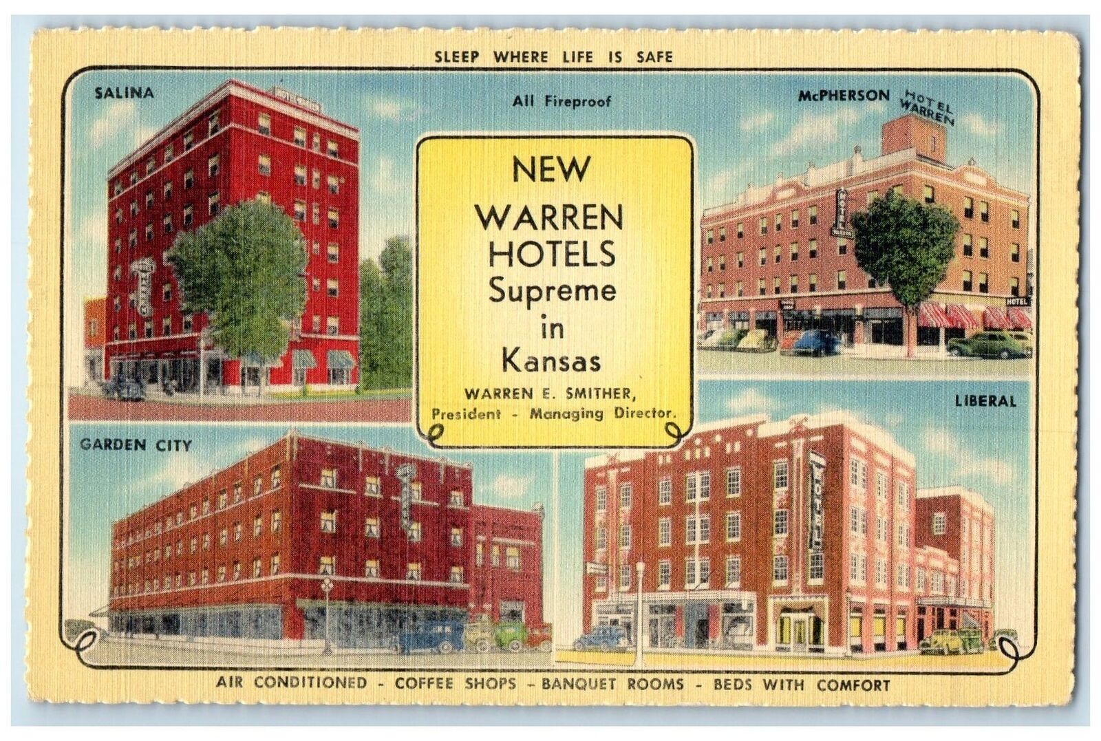 c1940\'s Hotel Warren Leading Hotels McPherson Liberal Salina Kansas KS Postcard