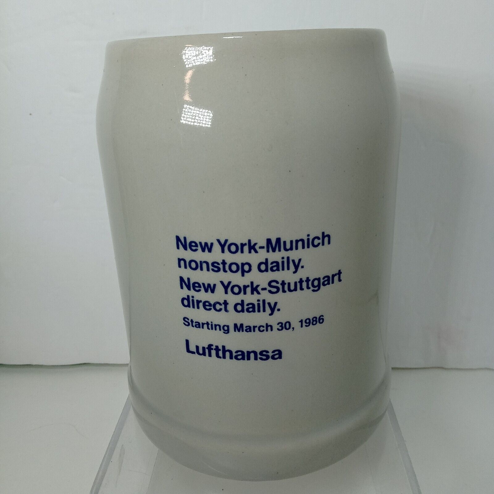 Vintage 1986 Lufthansa Airlines Ceramic Mug Stein New York Munich Stuttgart 0.5L