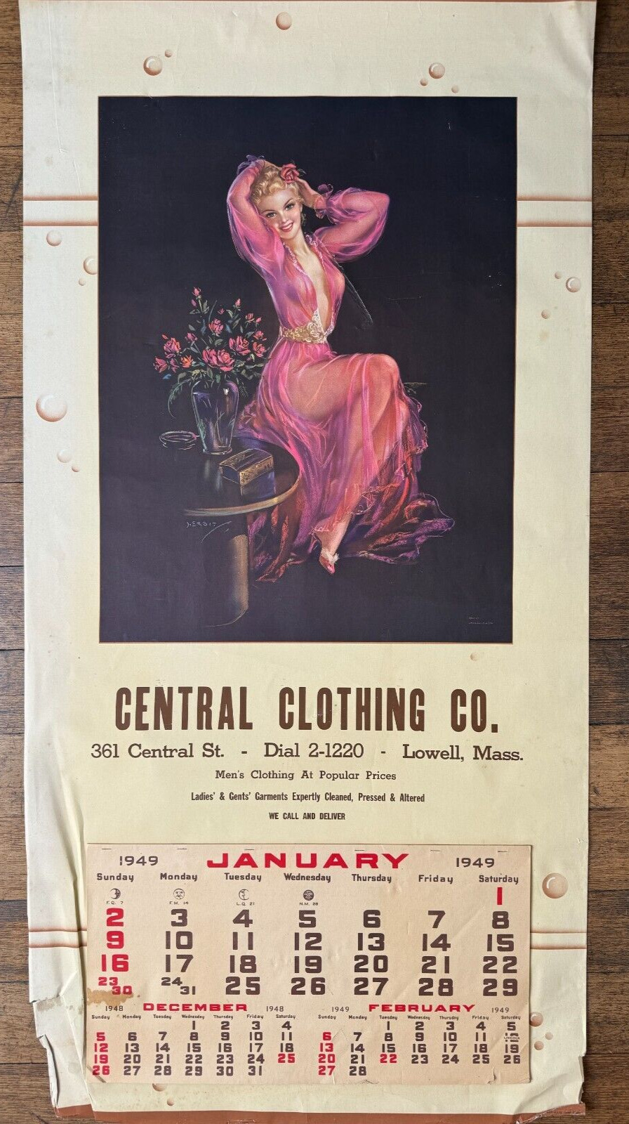 1949 Large Pinup Advertising Calendar by Erbit- Blond in Red Sheer Dress- Lowell