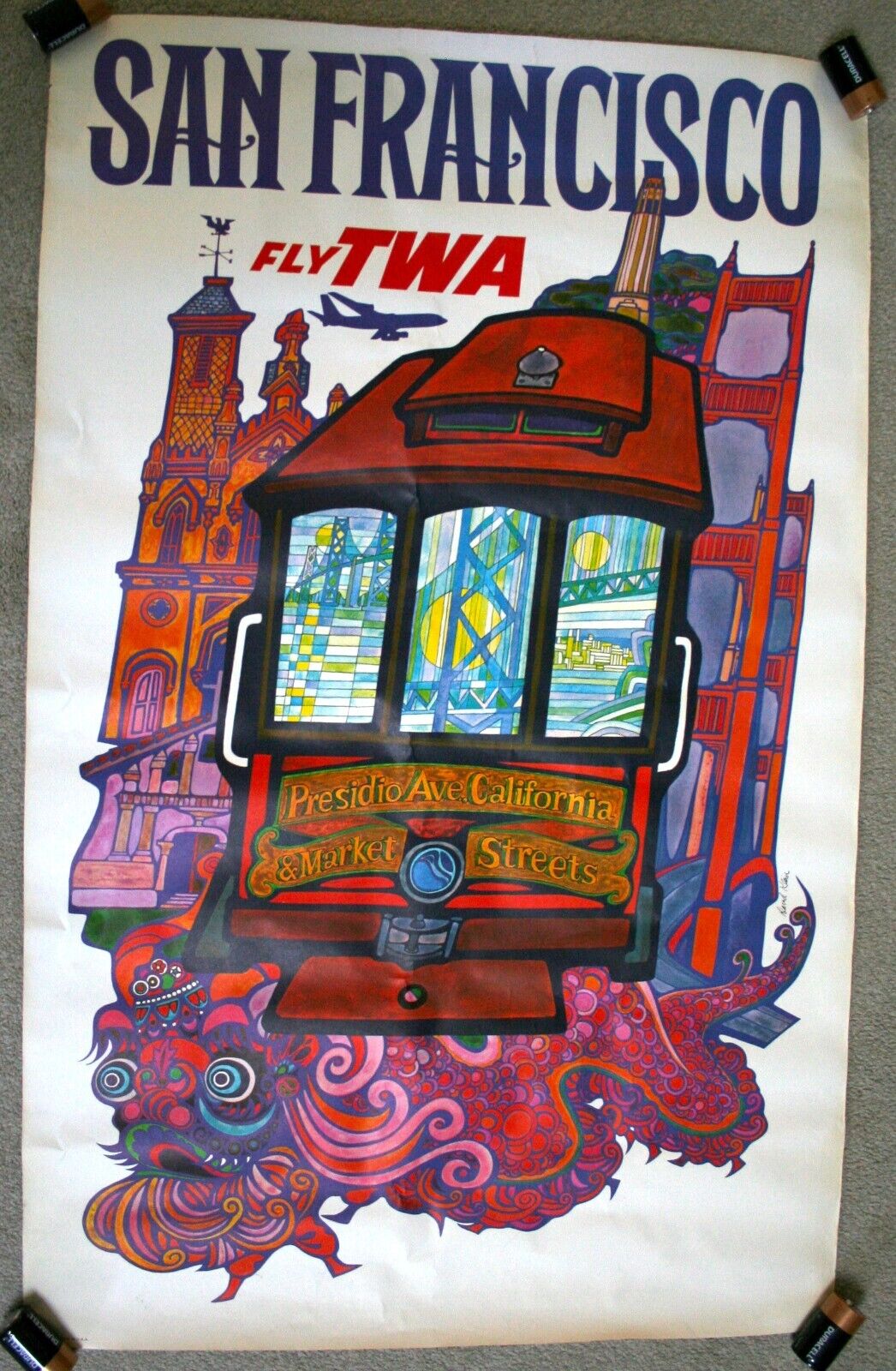 Original Vintage FLY TWA SAN FRANCISCO Travel Poster 40x25 David Klein 1950s VG