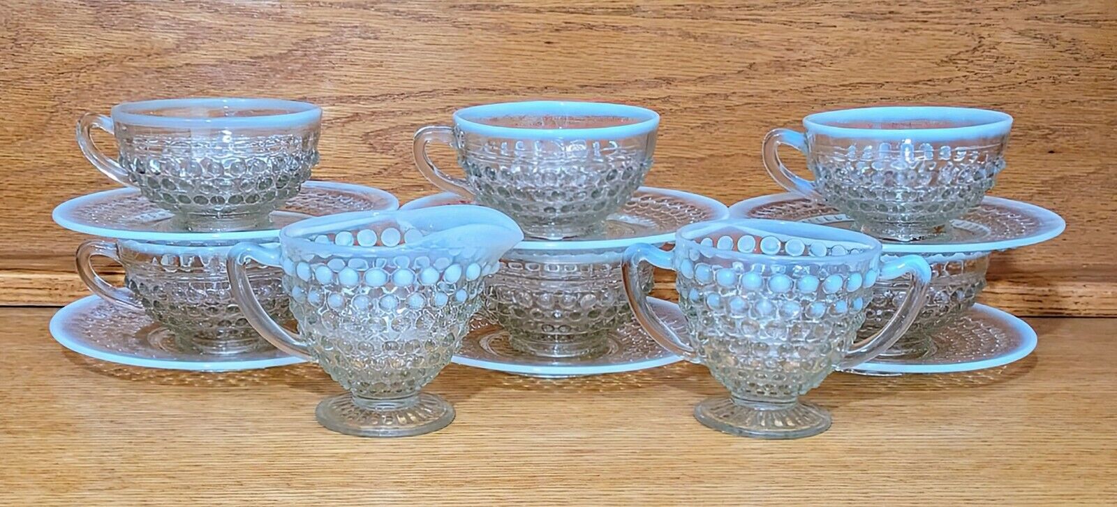 14 Piece Vintage Anchor Hocking Clear Opalescent Moonstone Hobnail Dishes 
