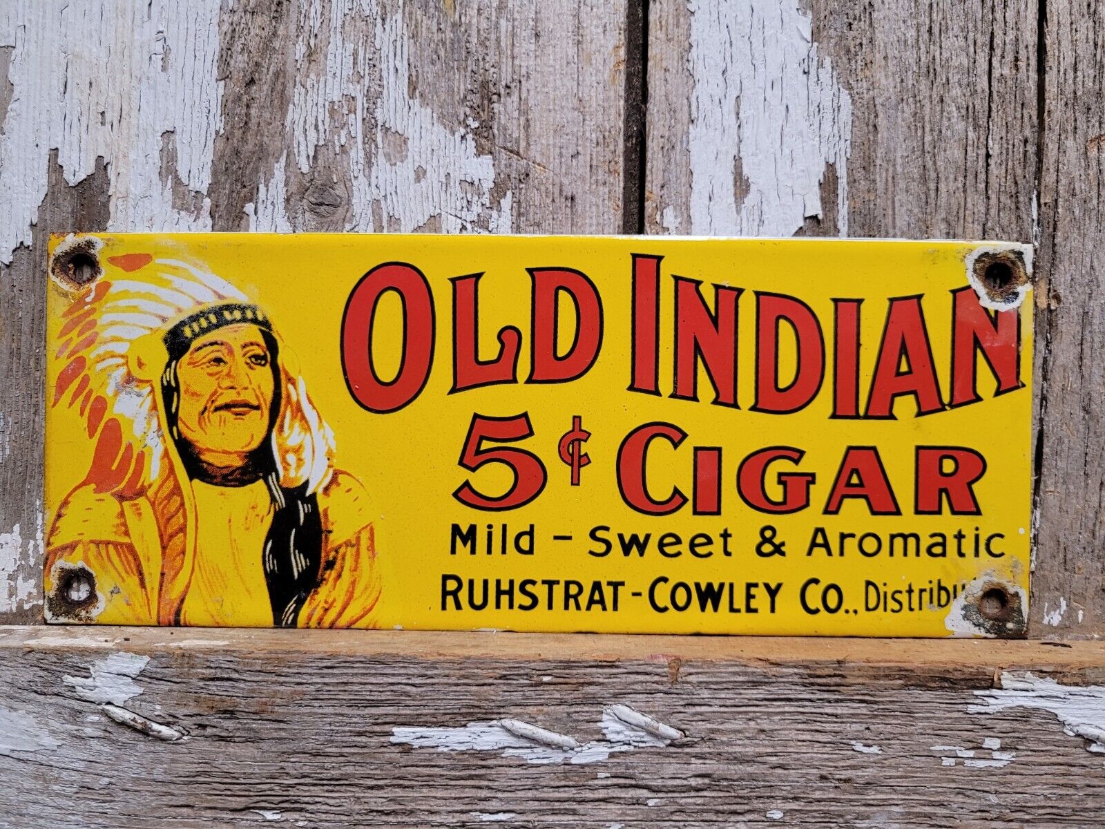 VINTAGE OLD INDIAN CIGAR PORCELAIN SIGN TOBACCO PIPE CIGARETTE SMOKE DISTRIBUTOR