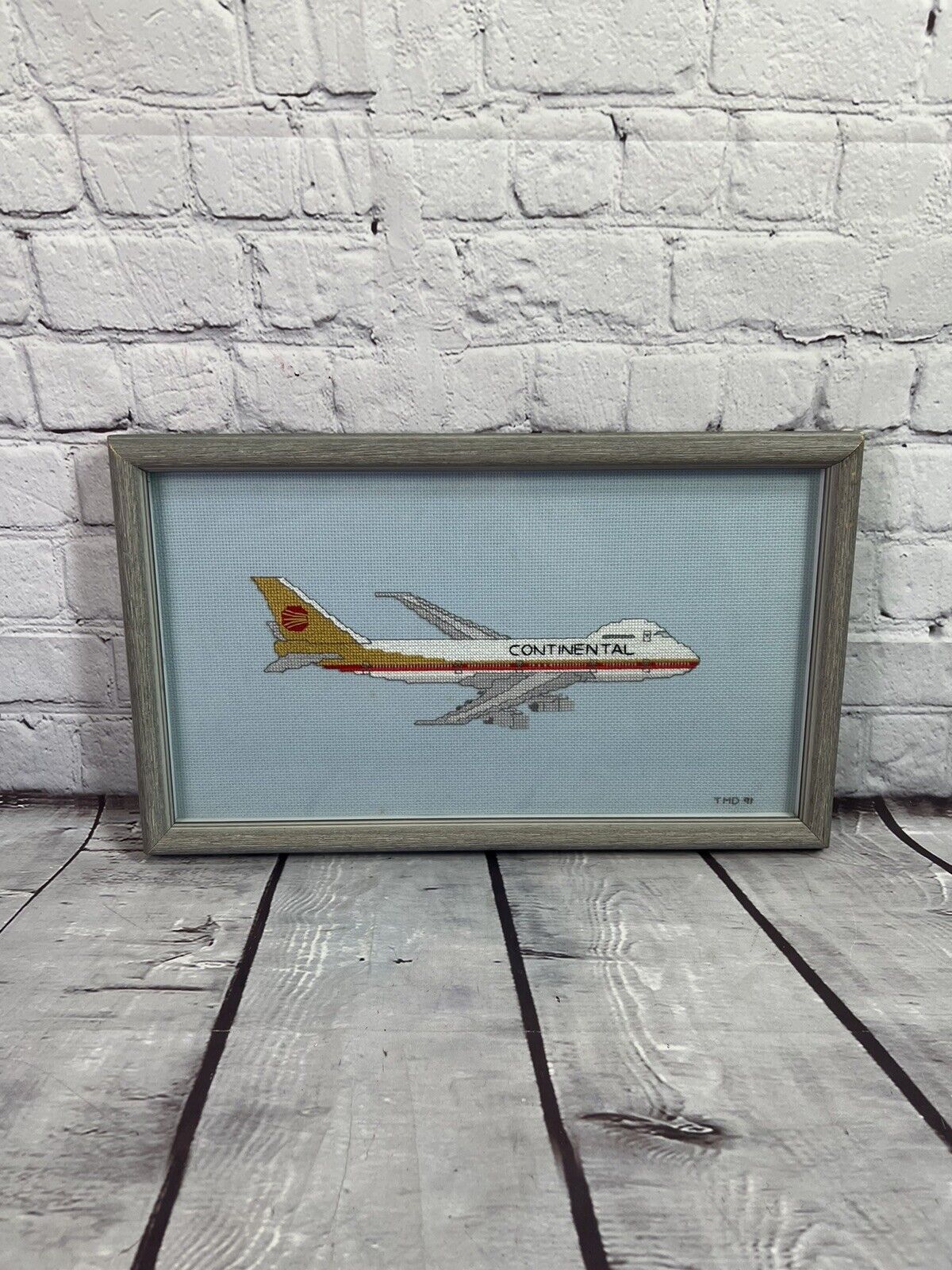 Vintage Boeing 747 Continental Airlines Cross Stitch Framed Airplane Art 16 x 9