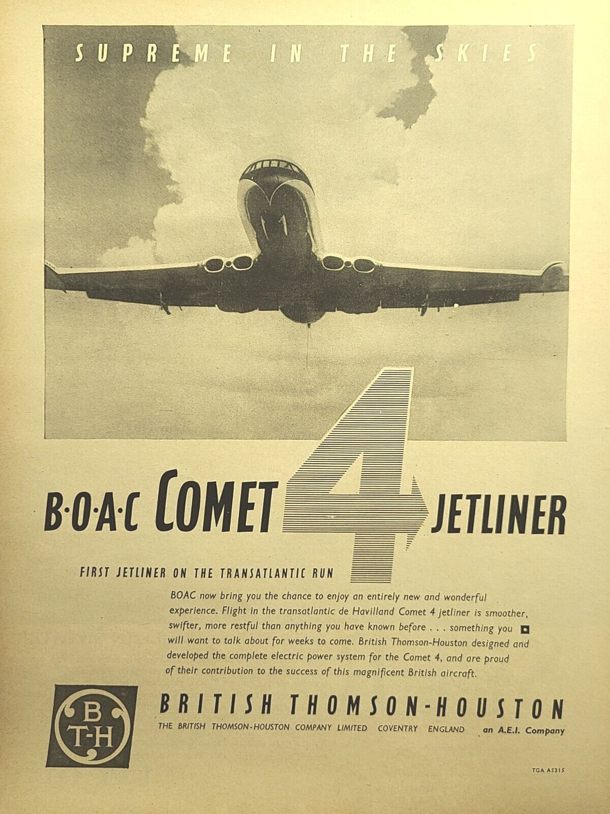 BOAC de Havilland Comet 4 Jetliner Coventry England Vintage Print Ad 1958