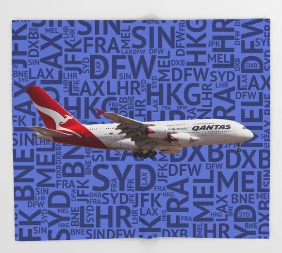 Qantas Airbus A380 with Airport Codes (Blue) - 51x60 Throw Blanket