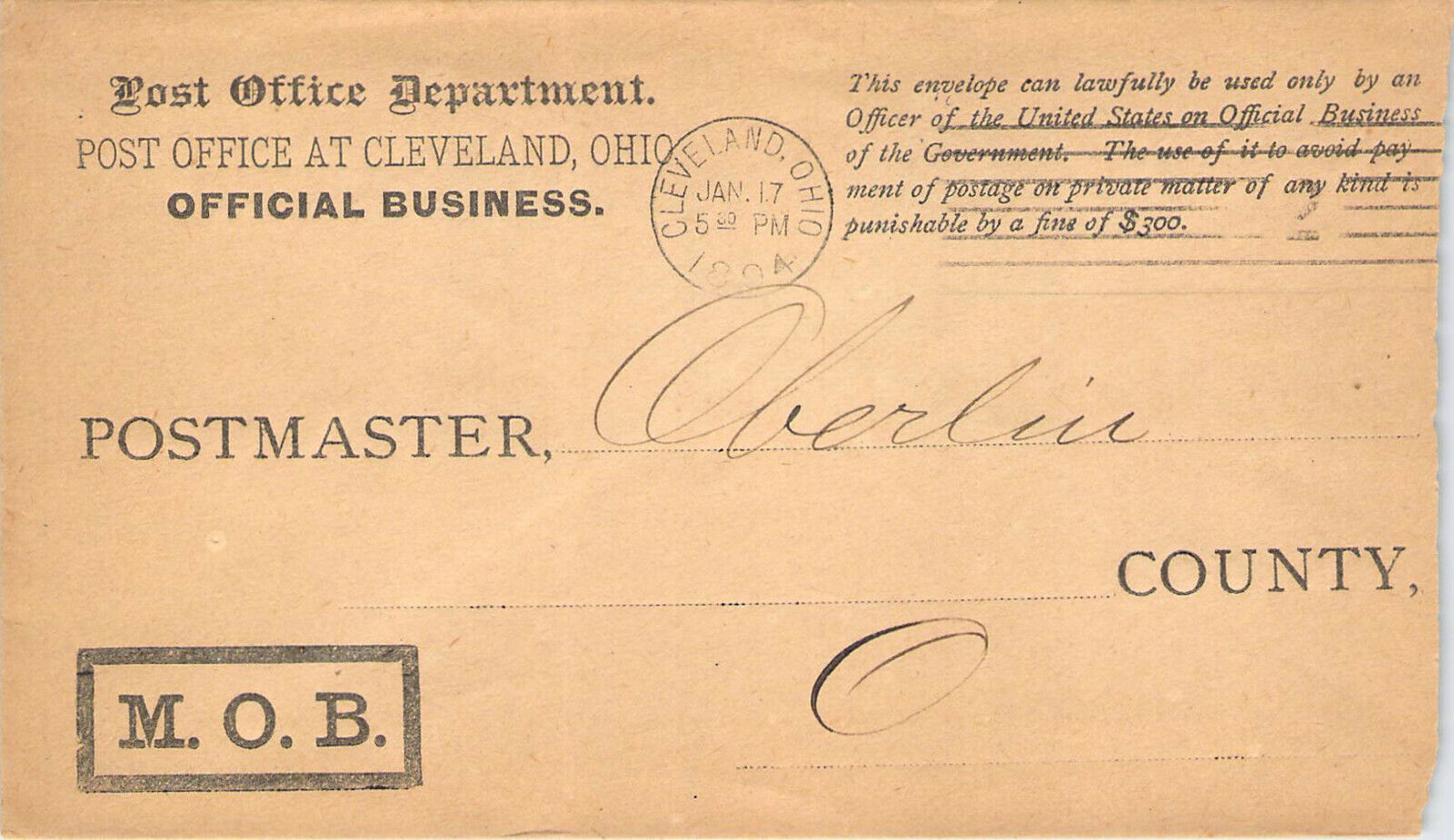 1894 MOB CLEVELAND OHIO OFFICIAL BUSINESS POSTAL HISTORY COVER 