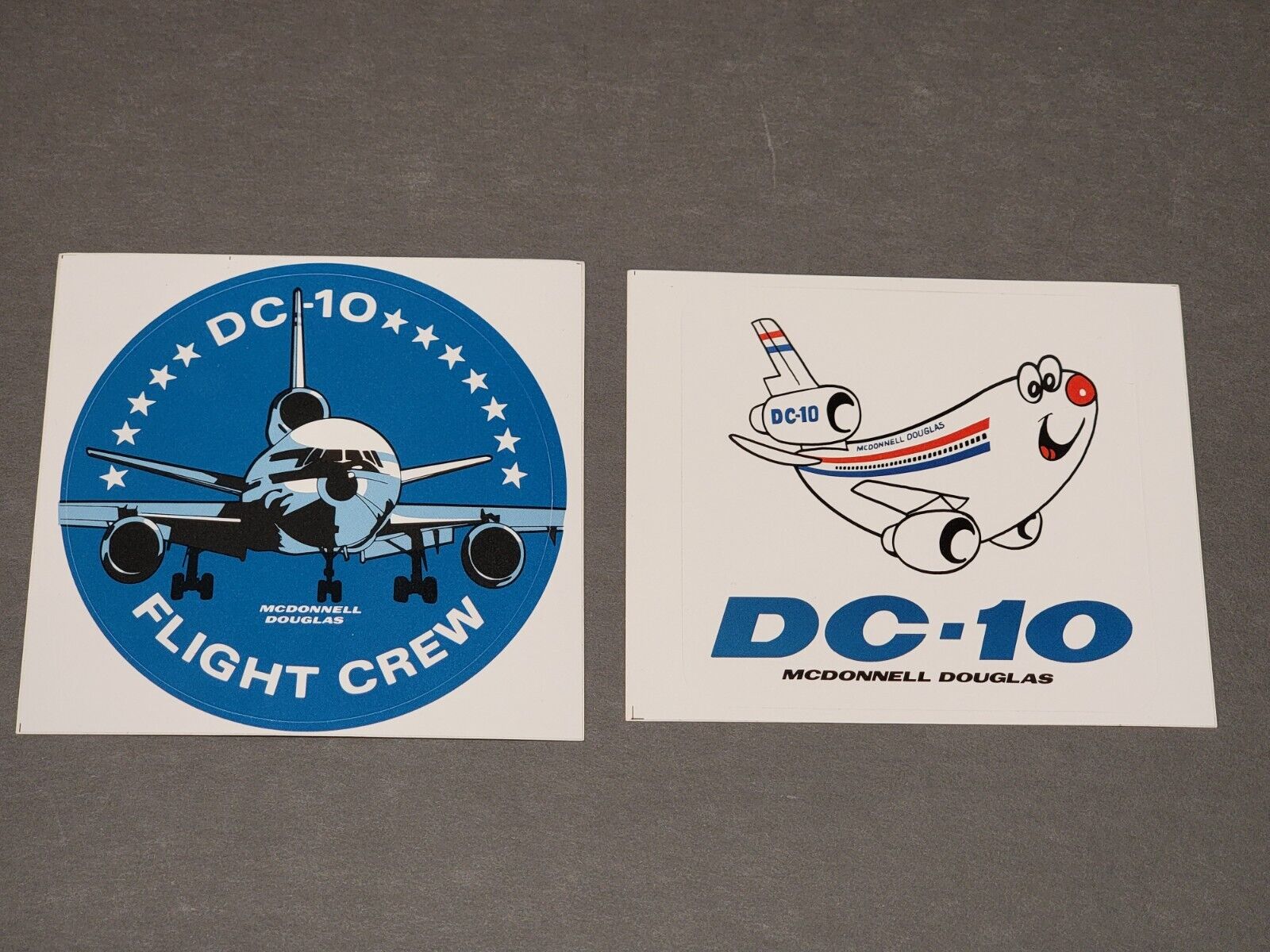 Vtg 2 1980s MCDONNELL DOUGLAS DC-10 Aircraft Stickers - Flight Crew, Cartoon NEW
