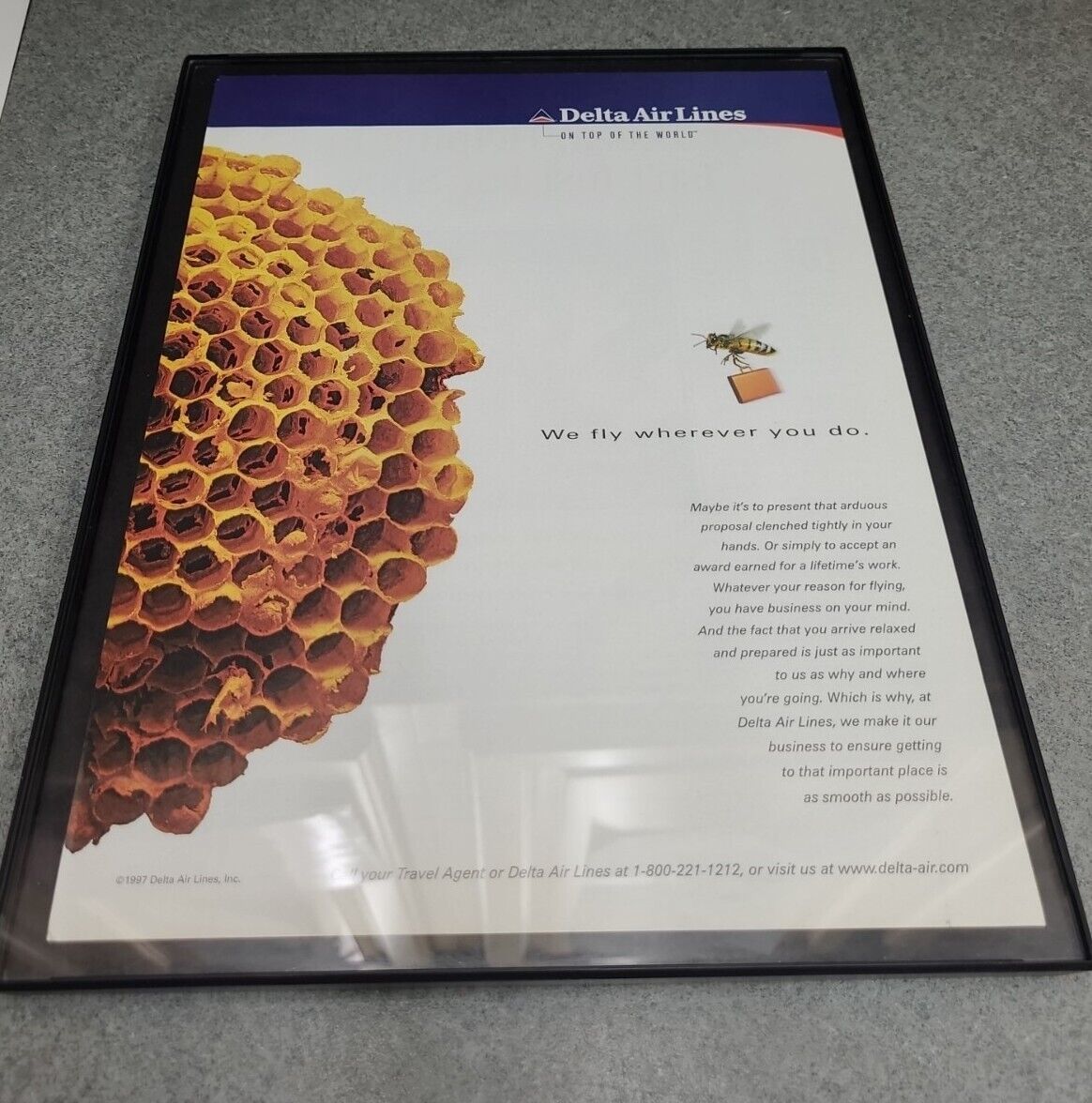 1998 Delta Airlines We Fly Wherever You  Bee Hive Vintage Print Ad Framed 8.5x11