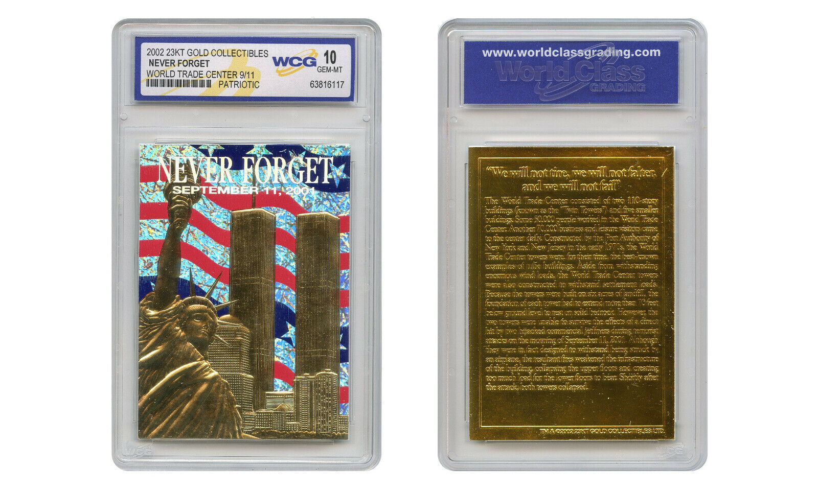 Patriotic World Trade Center 9/11 * Original * 23K Gold Card Graded GEM-MINT 10