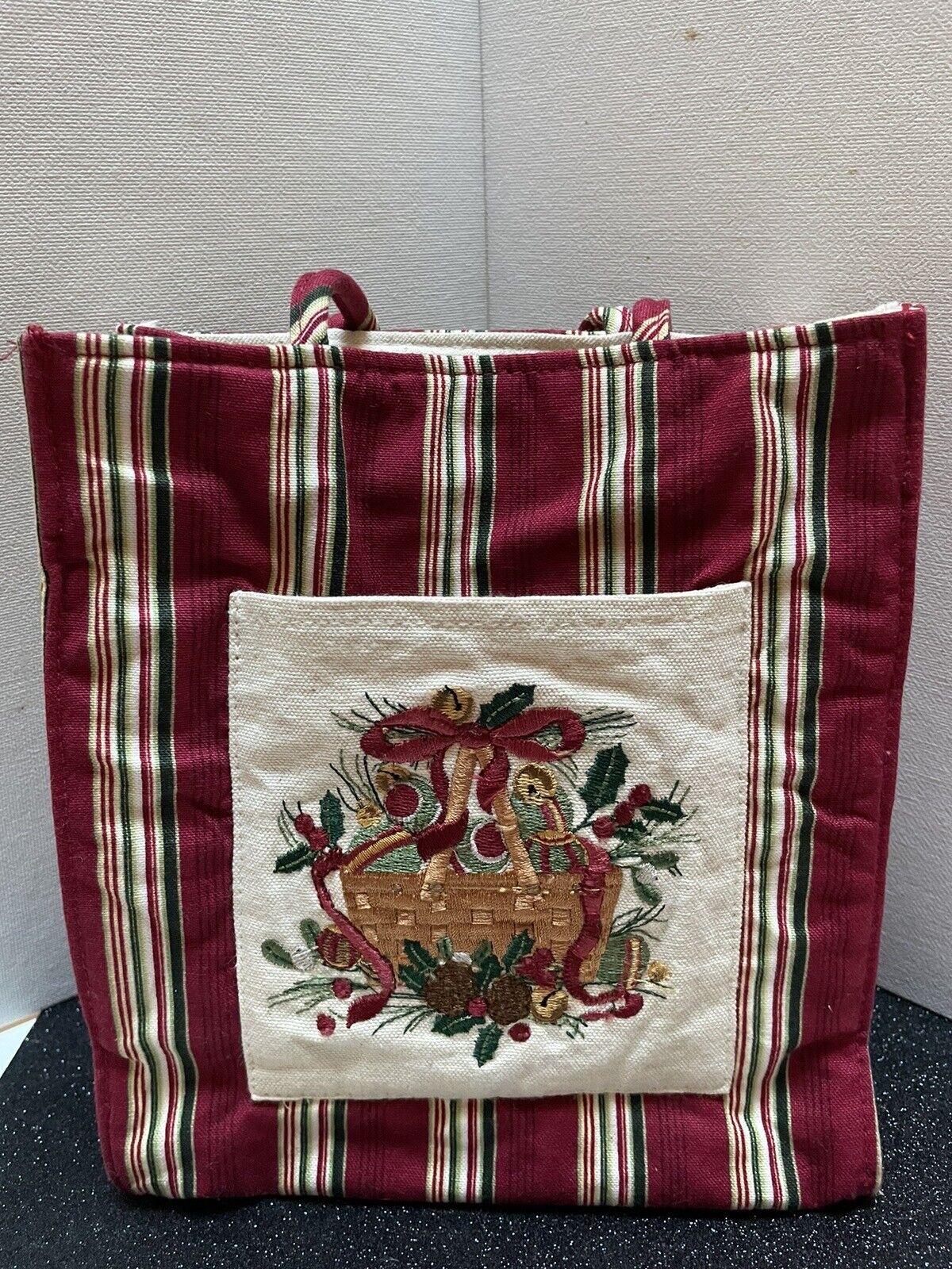 2005 Longaberger Holiday Stripe Tote Bag Embroidered Pocket Gift Bag Berry EUC