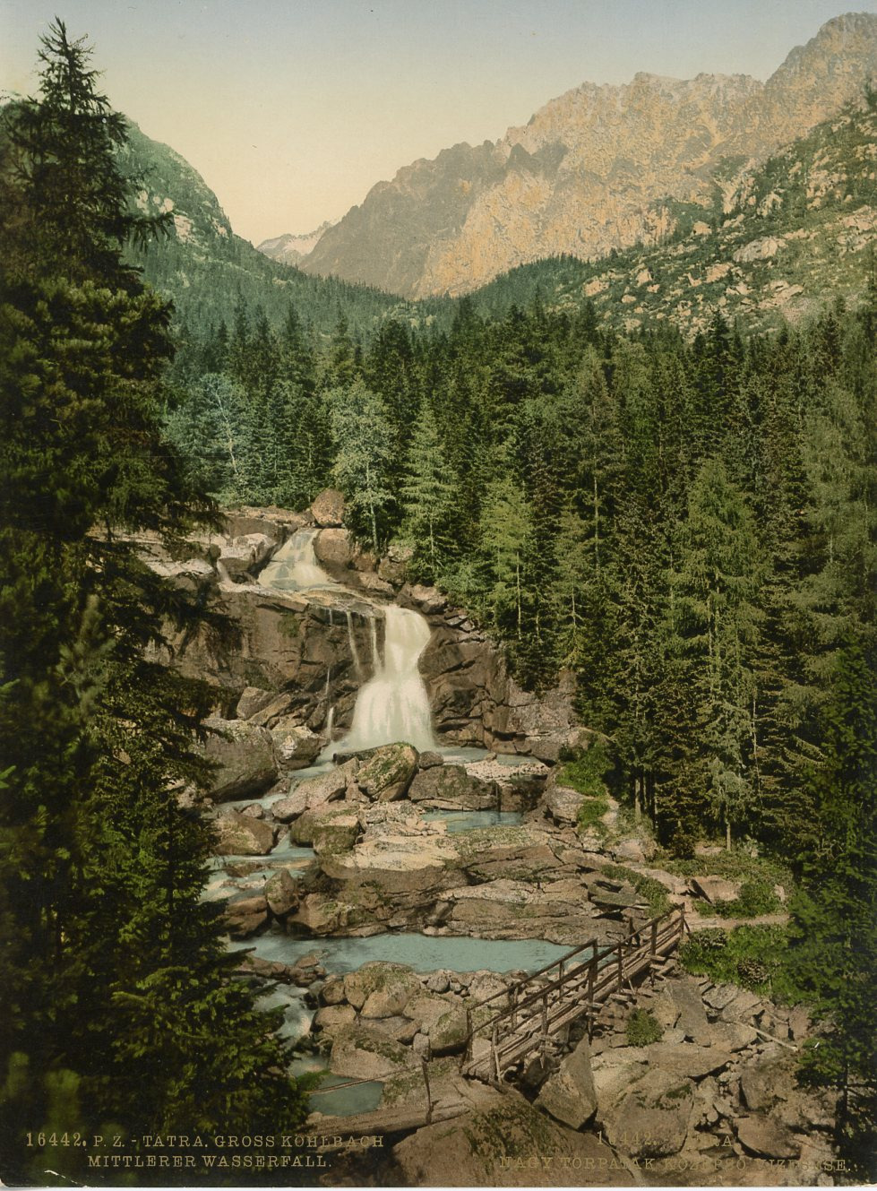 High Tatras. Gross-Kohlbach, medium waterfall.  Vintage Photochromie PC, Slov