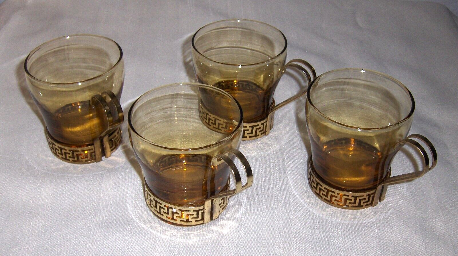 4 VINTAGE LIBBEY AMBER CONTINENTAL COFFEE CUPS GREEK KEY DESIGN METAL HOLDERS
