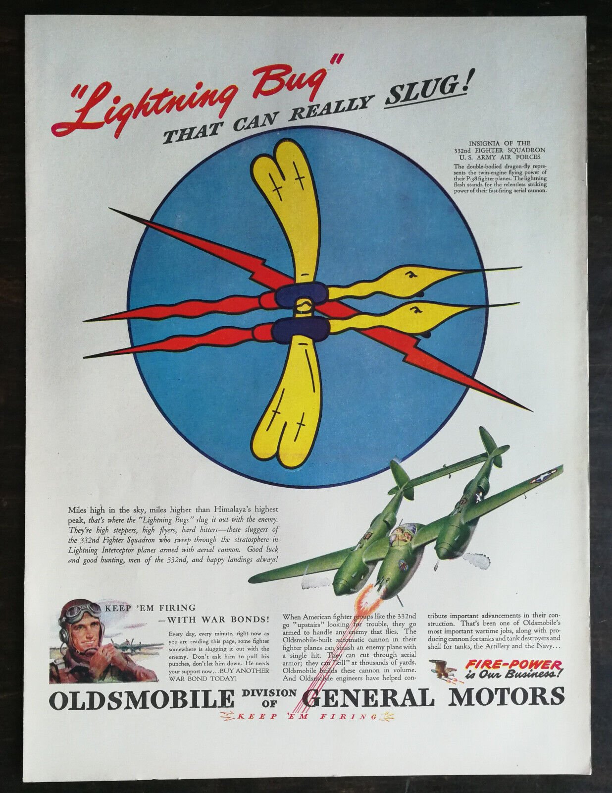 Vintage 1943 Oldsmobile 332nd Fighter Squadron WWII Full Page Original Ad 823