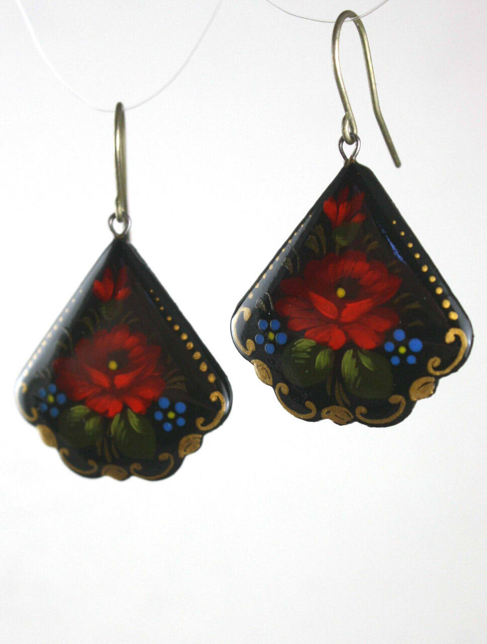 Russian Hand-Painted Black Earrings with Red Flowers