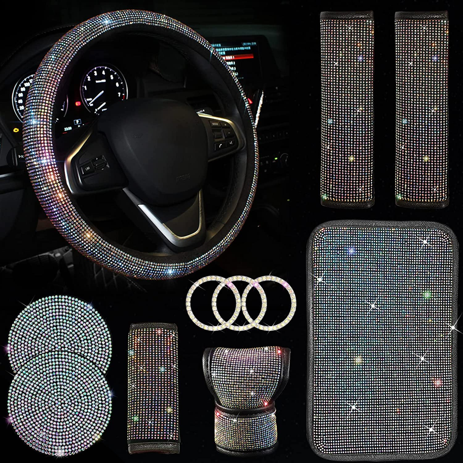 11 Pcs Bling Car Accessories Set,Bling Car Accessories Set for Women, Bling Stee