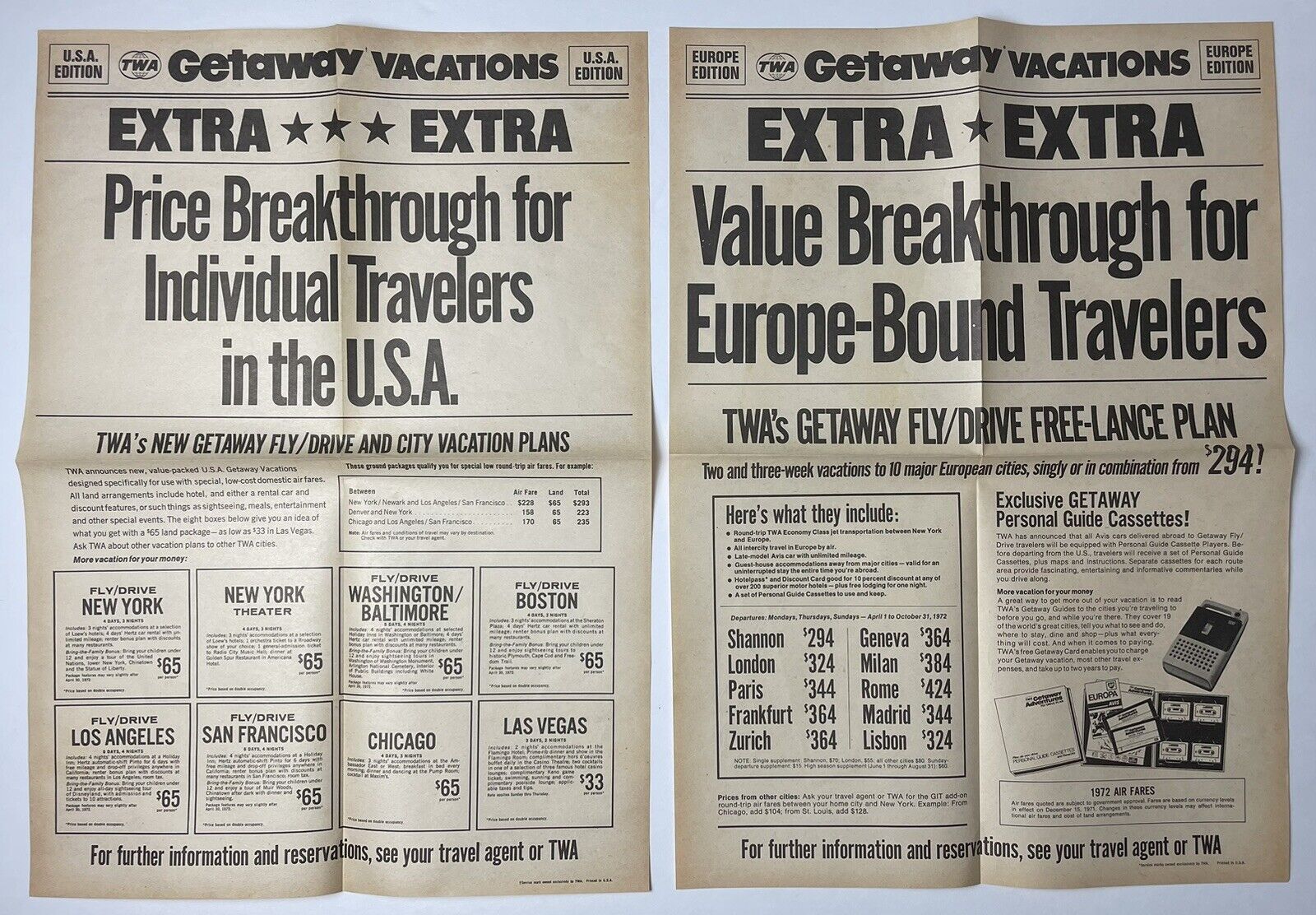 Two Vintage 70s TWA Getaway Vacations c1972 Advertising USA and Europe Flyers