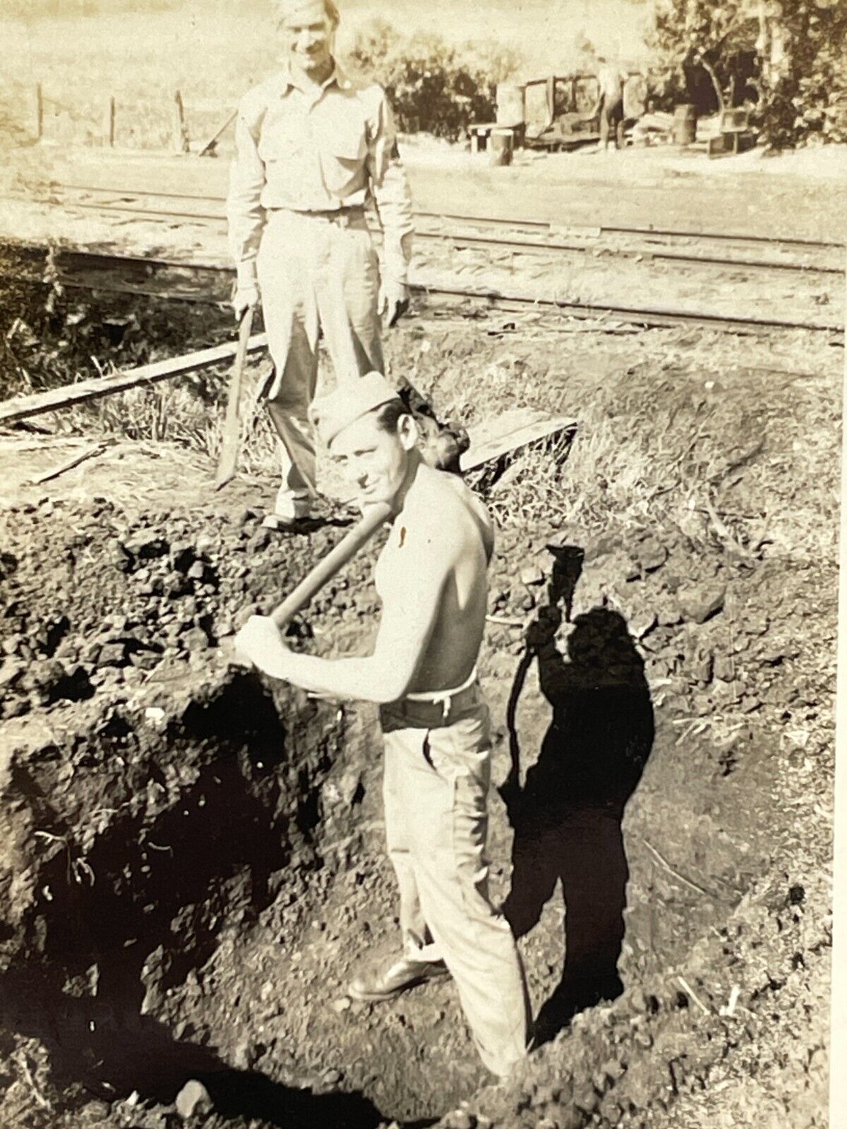 WC Photograph Handsome Man Shovel Digging Hole Shirtless Sexy 1940s Worker Labor