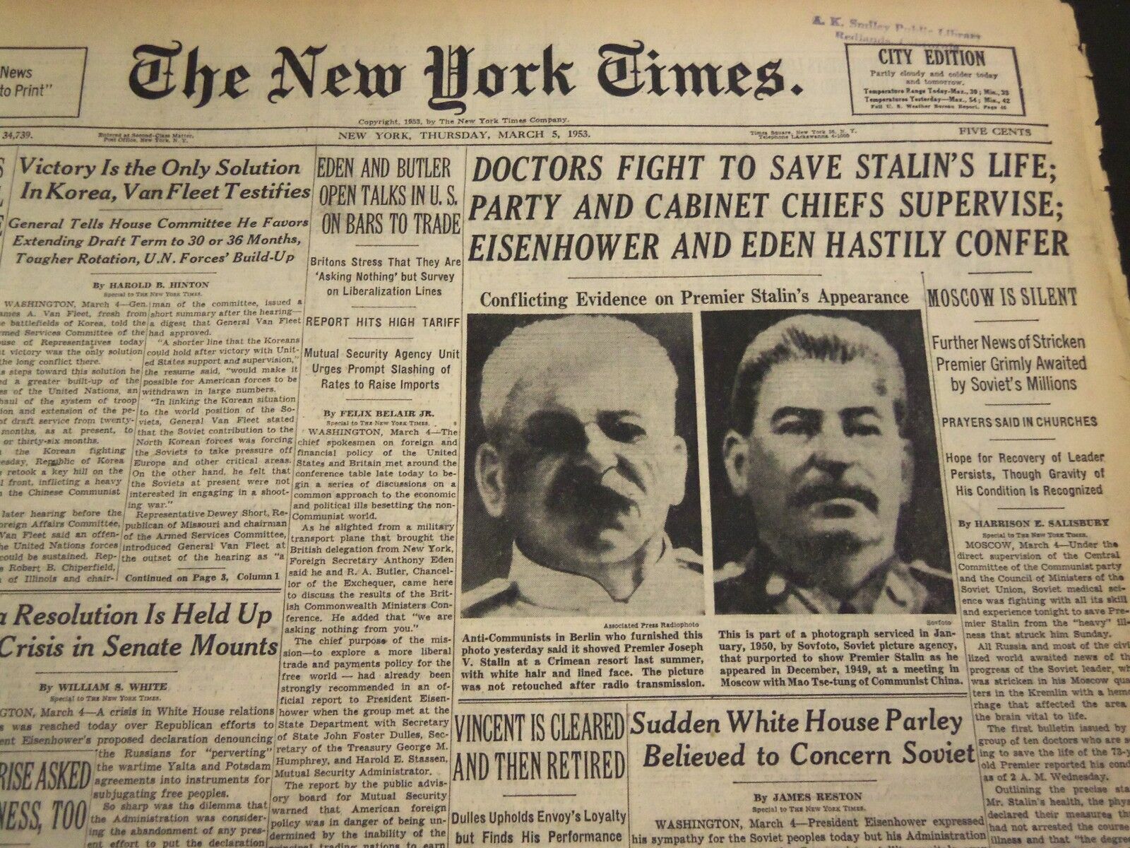 1953 MARCH 5 NEW YORK TIMES - FIGHT TO SAVE STALIN\'S LIFE - NT 4269