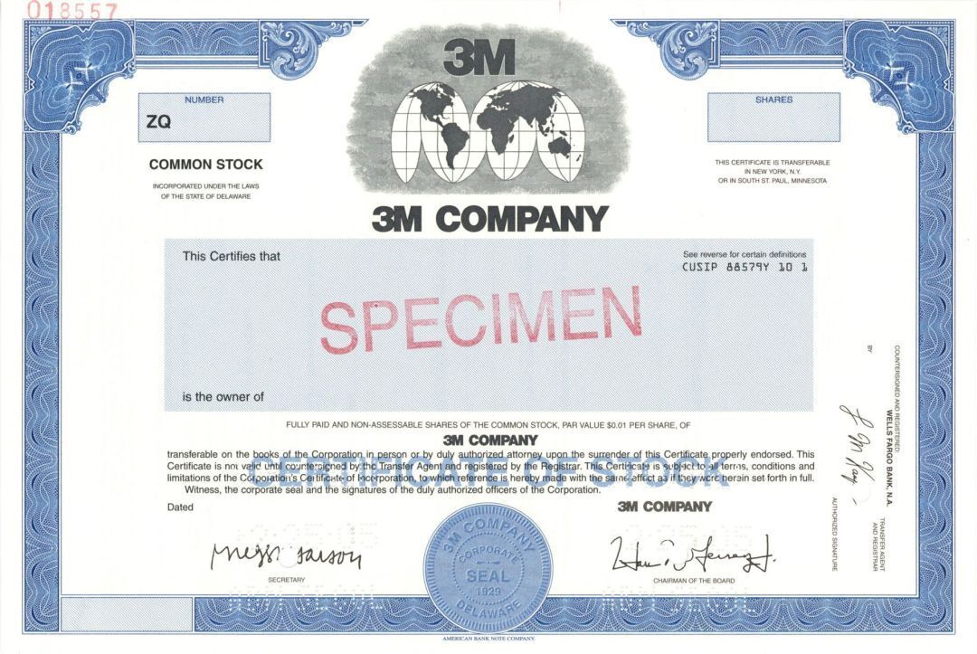 3M Company - 1929 Specimen Stock Certificate - Specimen Stocks & Bonds