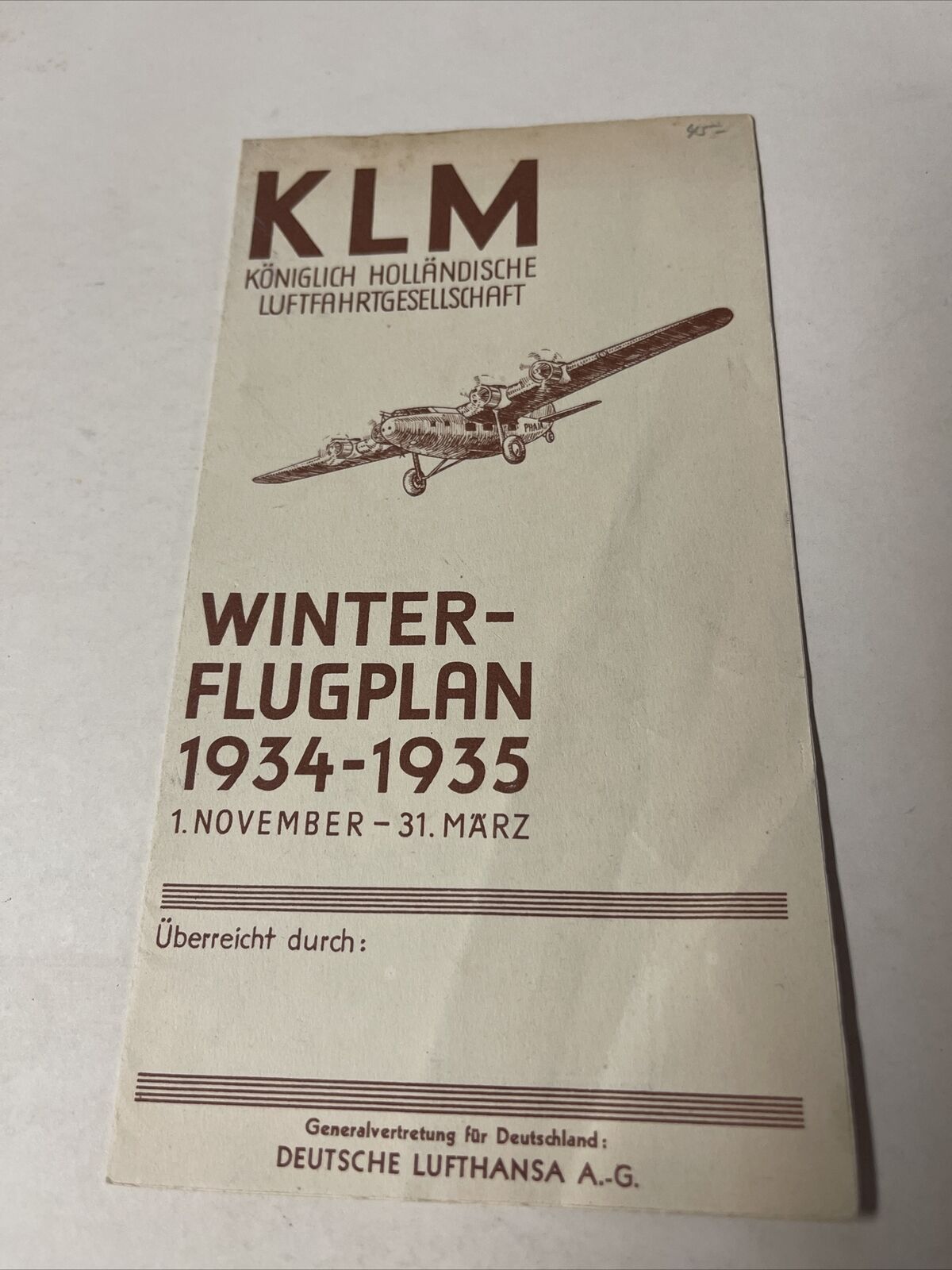 KLM Deutsche Lufthansa 1934 Nov. AIRLINE TIMETABLE SCHEDULE Brochure flight Map