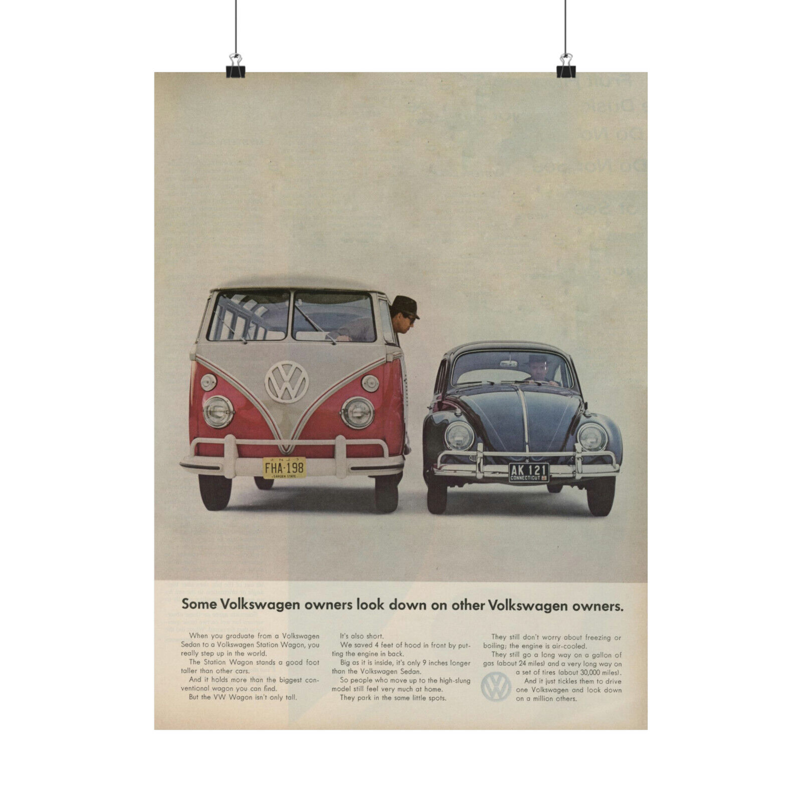 Volkswagen Beetle VW Bus Poster - VW Advertising Ad Print Mid Century Wall Art