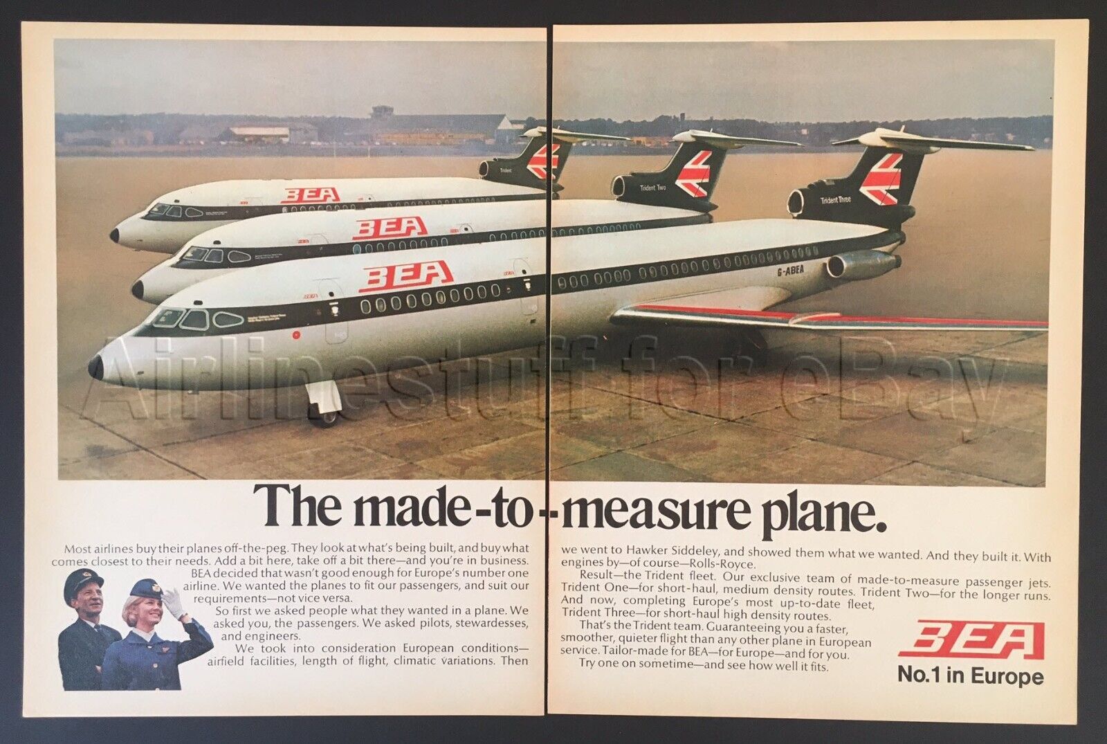 1971 BEA Hawker Siddeley TRIDENT JET ad British European Airways advert airlines