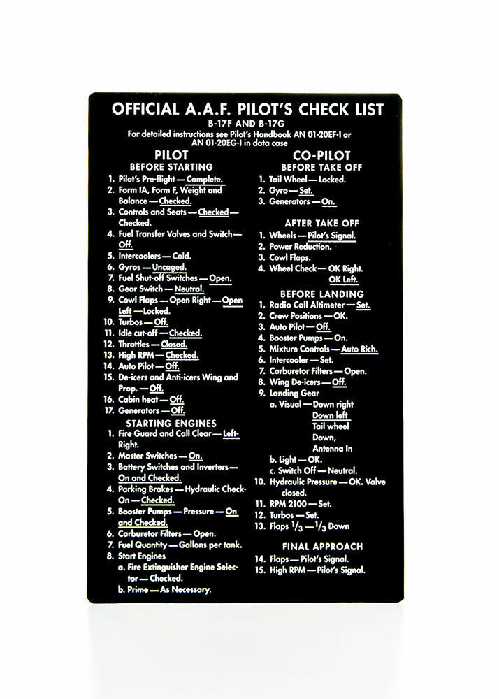 Boeing B-17 Flying Fortress 2-sided Checklist on Aluminum WWII Aviation CKL-0102