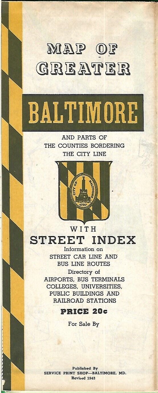 1943 Streetcar Bus Map BALTIMORE Maryland Buy War Bonds Defense Housing Railroad