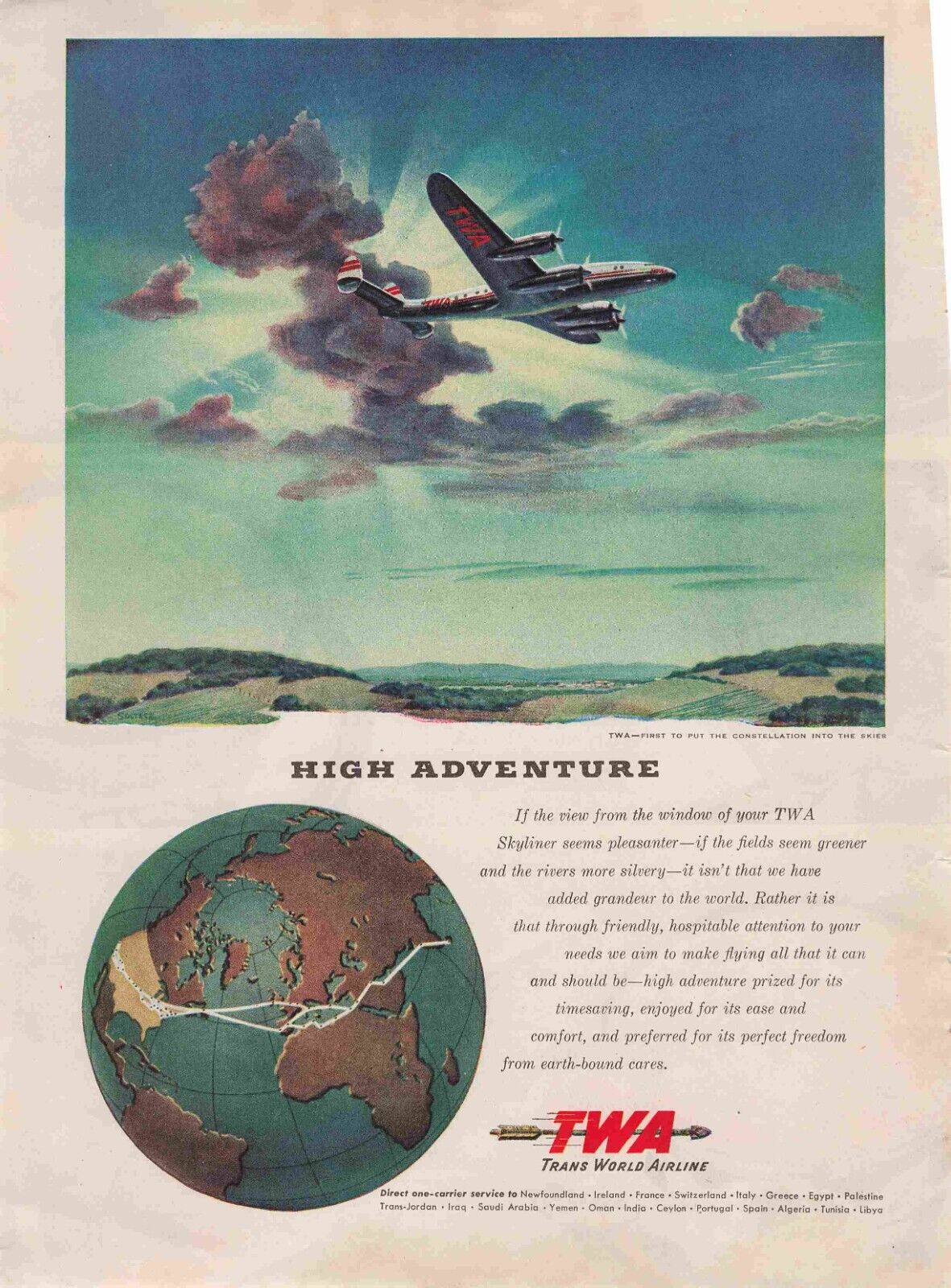 Twa Plane Flying Through A Sunset Sky 1940S Vtg Print Ad 8X11 Wall Poster Art