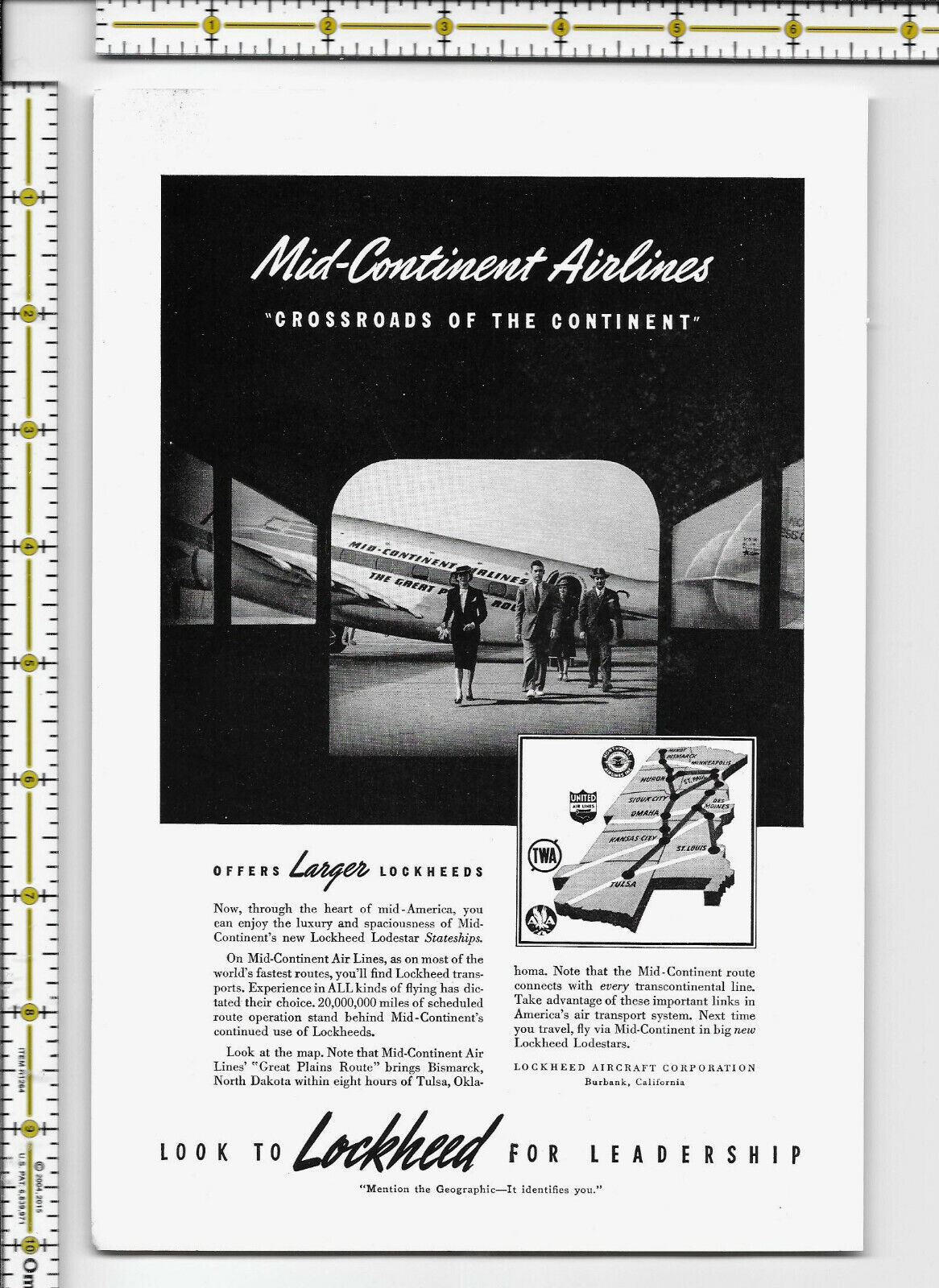 Lockheed Aircraft Corporation Mid-Continent Airlines 1940 magazine print ad