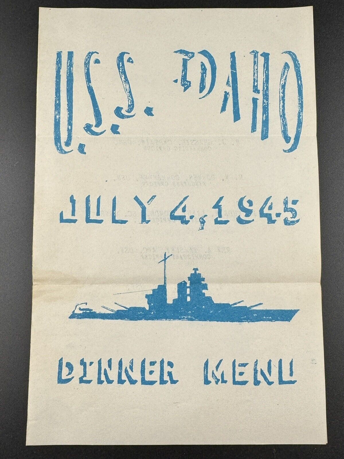 1945 U.S.S. Idaho Dinner Menu July 4 Military Navy Naval Memorabilia 