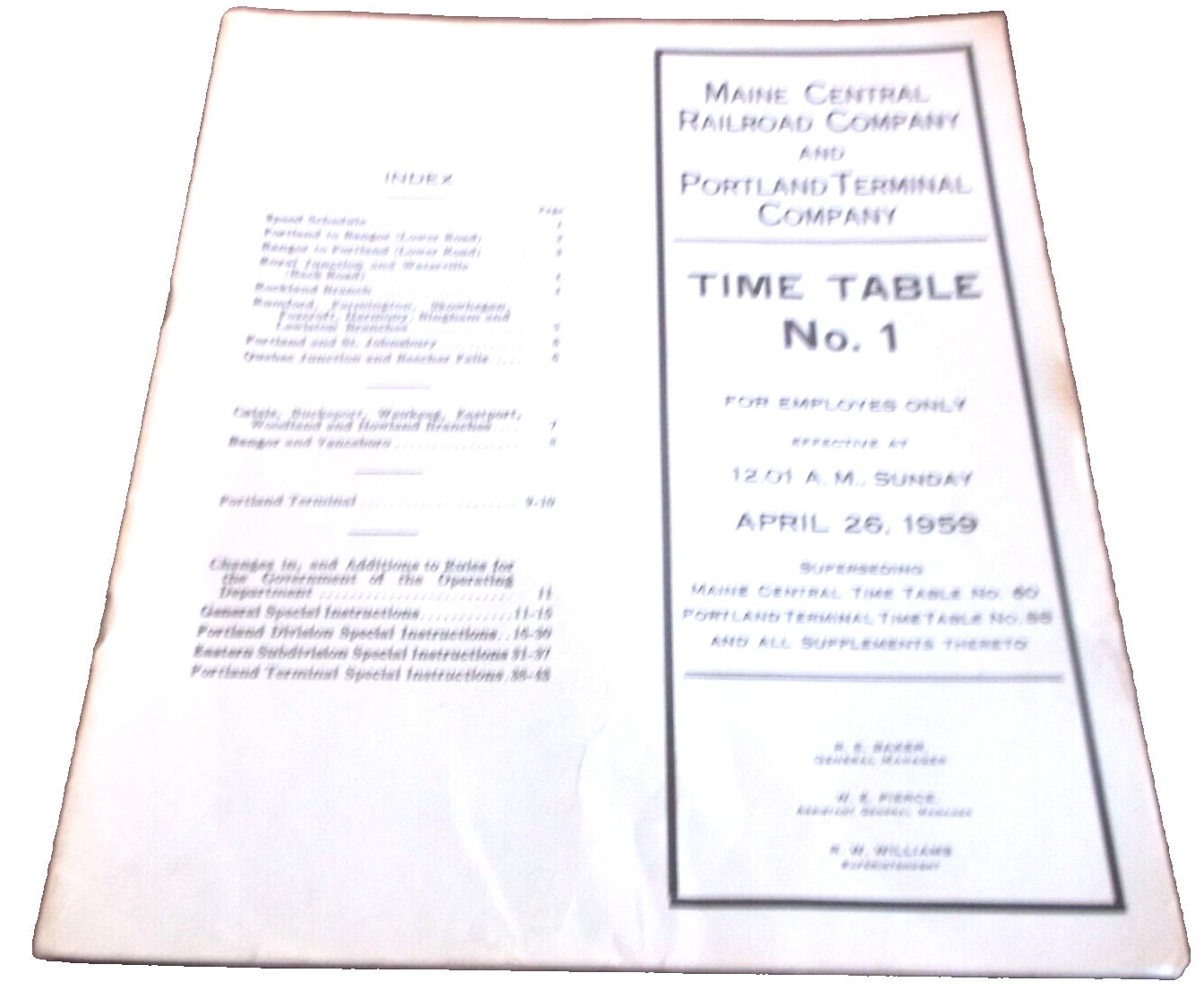 APRIL 1959 MAINE CENTRAL PORTLAND TERMINAL EMPLOYEE TIMETABLE #11