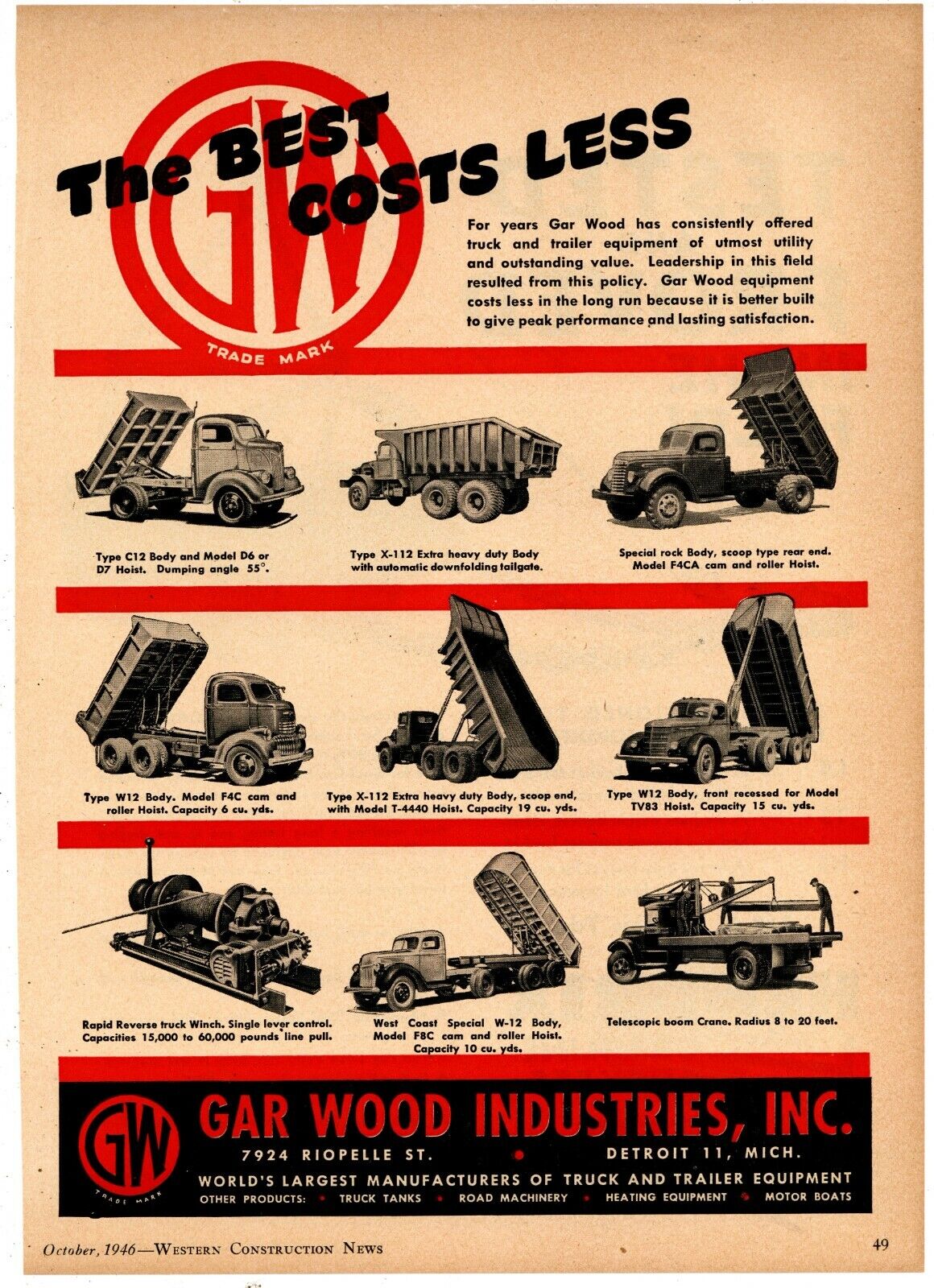 1946 Gar Wood Industries Ad: Commercial Truck Bodies Pictured - Detroit Michigan