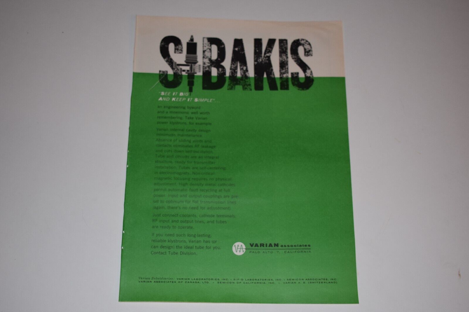 Vintage 1962 Varian Associates. SIBAKIS. Print Ad.