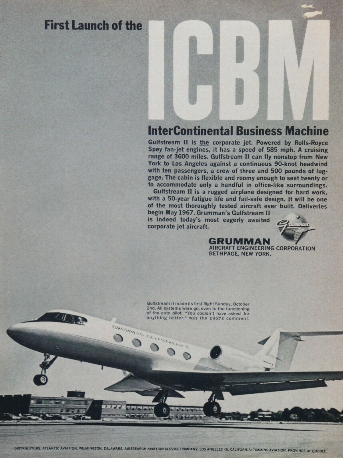 1965 GRUMMAN ICBM Gulfstream II-Rolls Royce Power Original Print Ad 8.5 x 11\