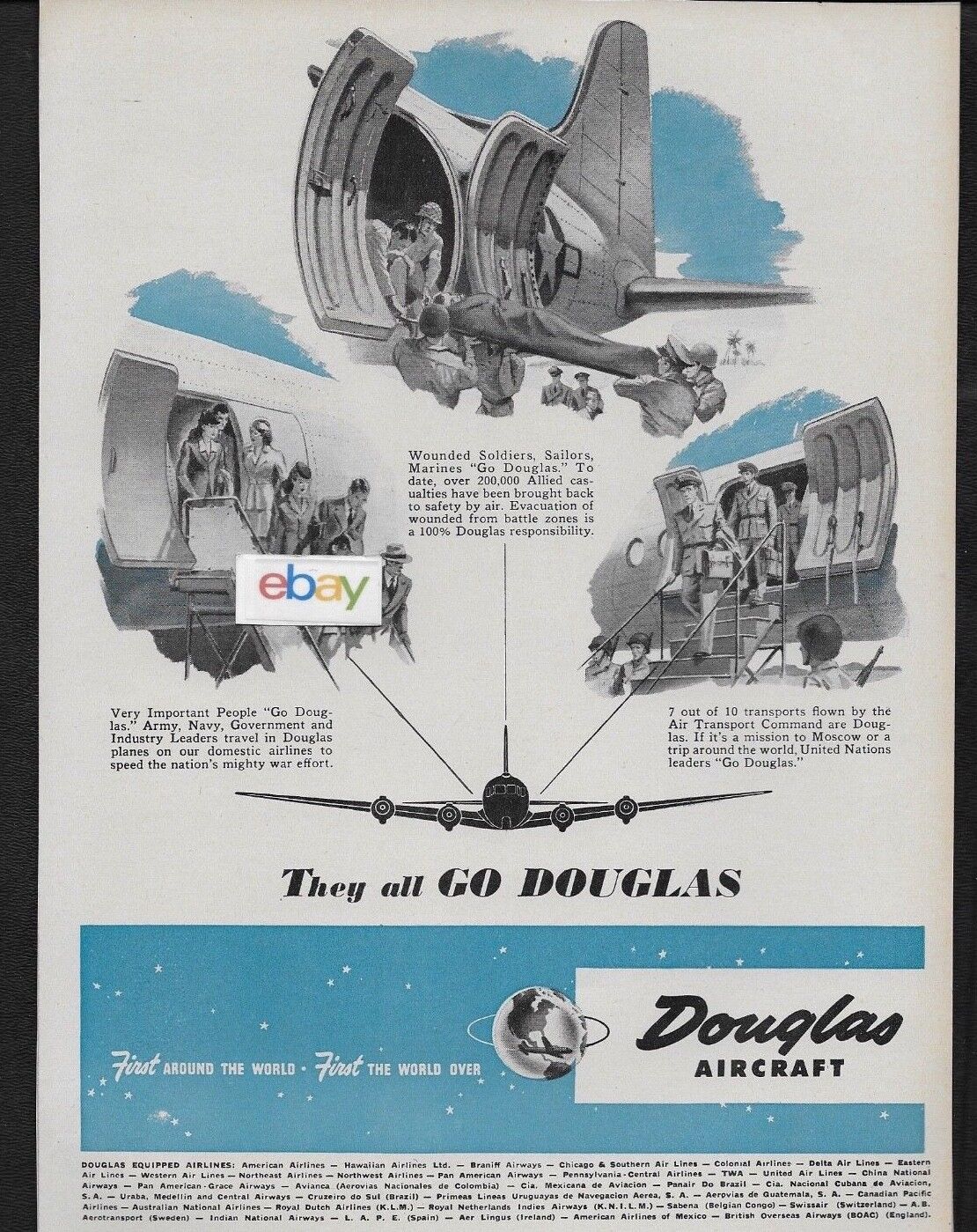 DOUGLAS AIRCRAFT DOUGLAS DC-4 THEY ALL GO DOUGLAS 1944 ARMY-NAVY WW-2 AD