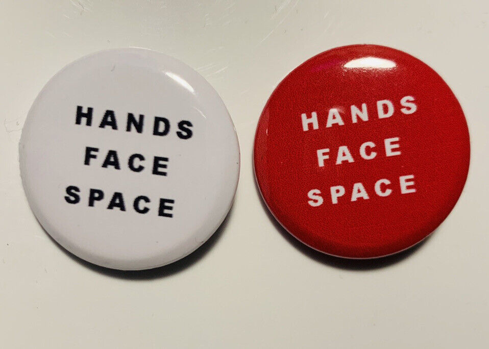 2 X HANDS FACE SPACE PIN BADGES 25MM