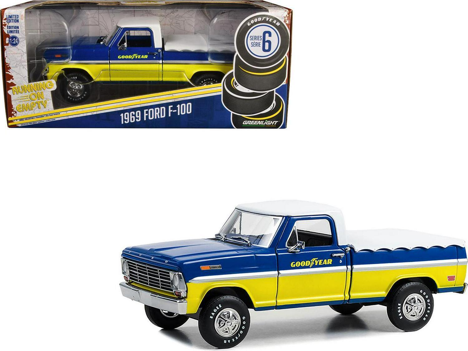 1969 Ford F-100 Pickup Truck Blue And Yellow With White Top And Bed Cover Tires