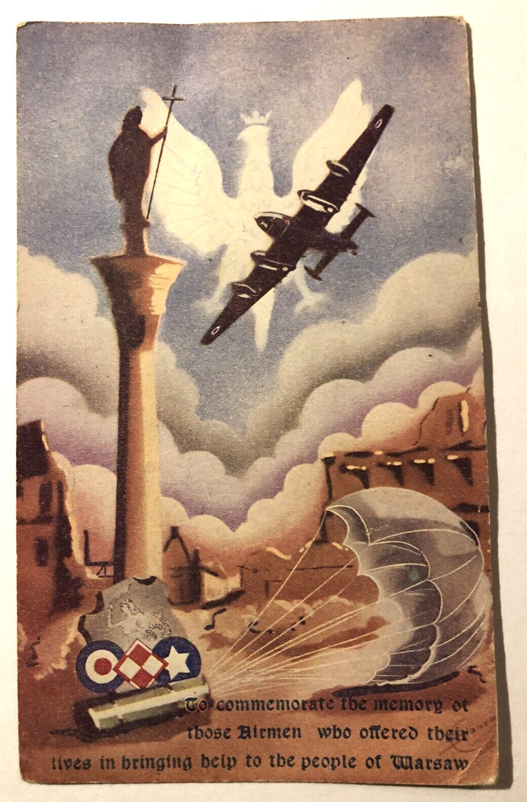 WWII WARSAW POLAND POSTCARD In Memory of Airmen Who Offered Their Lives To Help