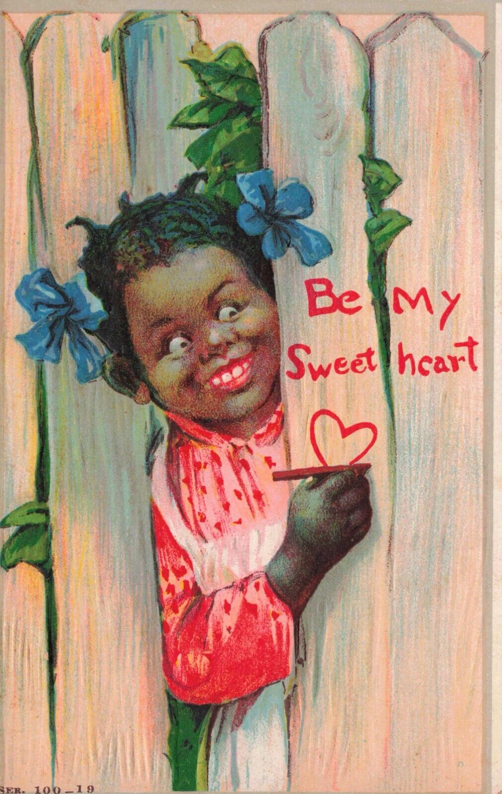 Valentine Cute Little Black Girl Peeks Thru Fence Embossed Sweetheart Postcard