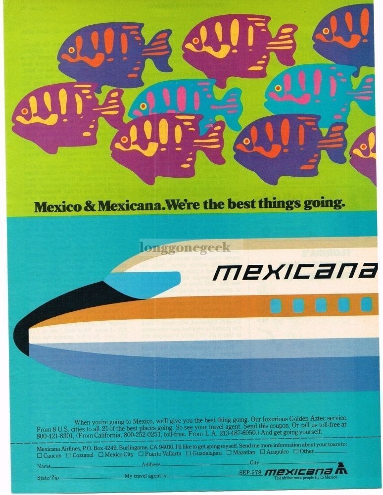 1978 MEXICANA Airline Pop Art Fish VINTAGE PRINT AD