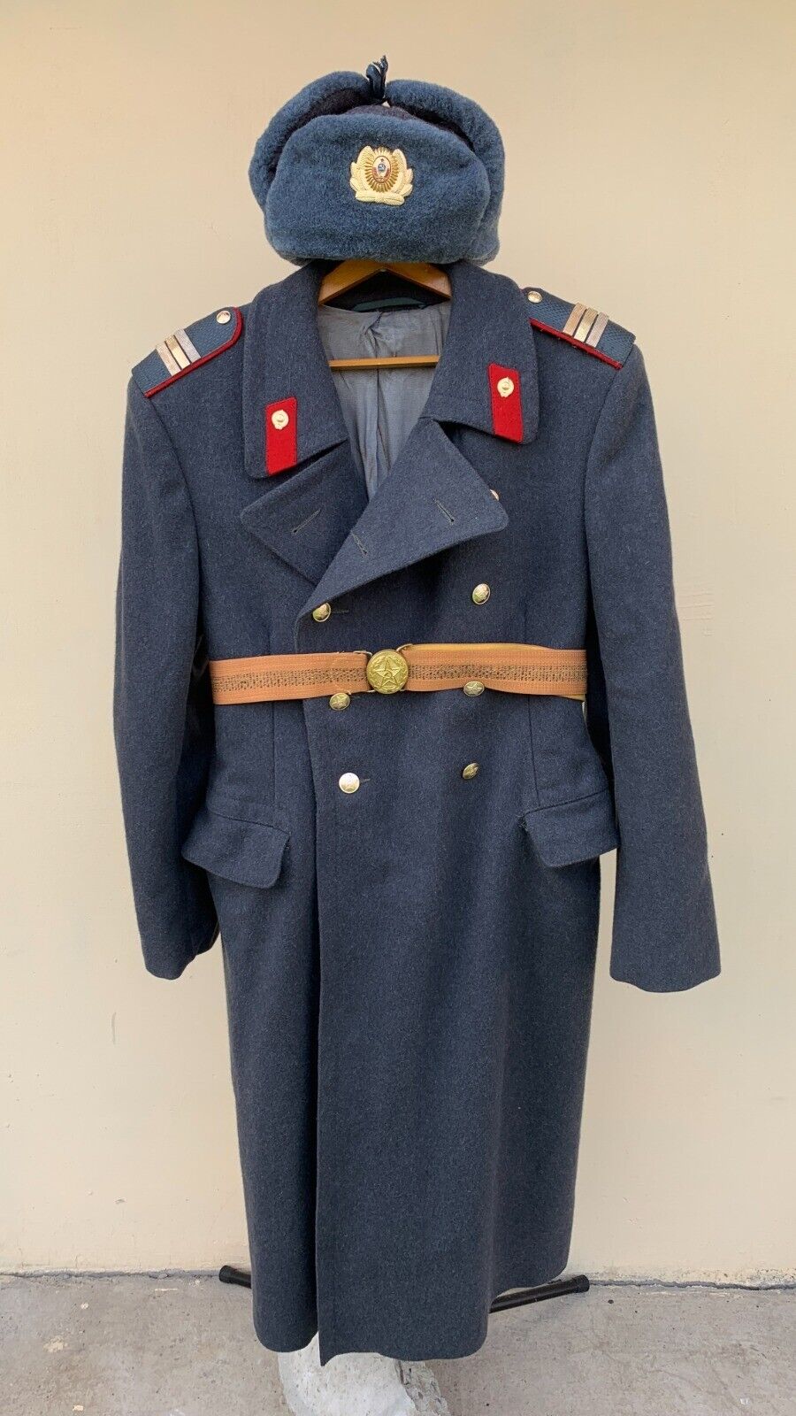 Vintage 70-80s Soviet woolen overcoat and cap of a police (militia) sergeant
