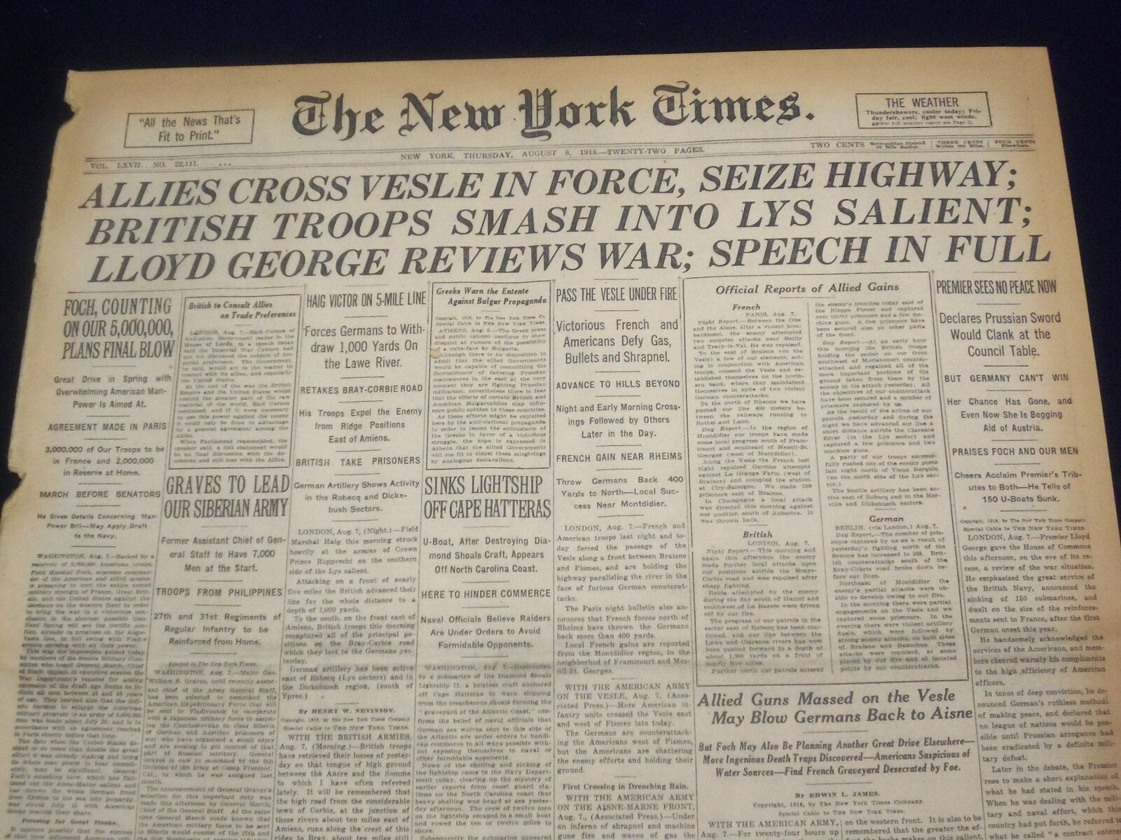 1918 AUGUST 8 NEW YORK TIMES - ALLIES CROSS VESLE IN FORCE - NT 9188