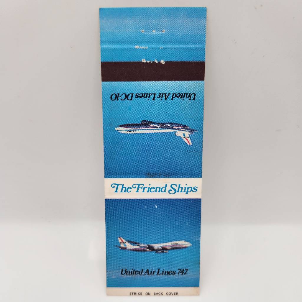 Vintage Matchbook United Airlines Friend Ships Douglass DC-10 and Boeing 747