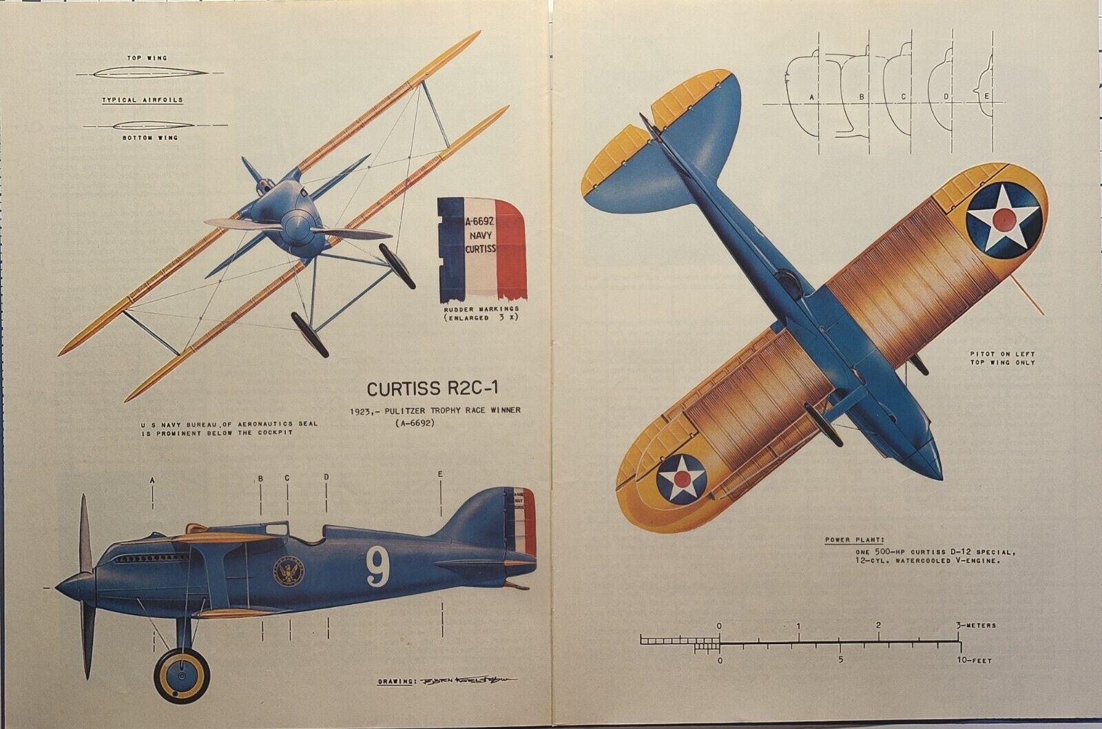 Aircraft Draft Curtiss R2C-1 Deco Biplane Top Front Side Bottom Magazine Print