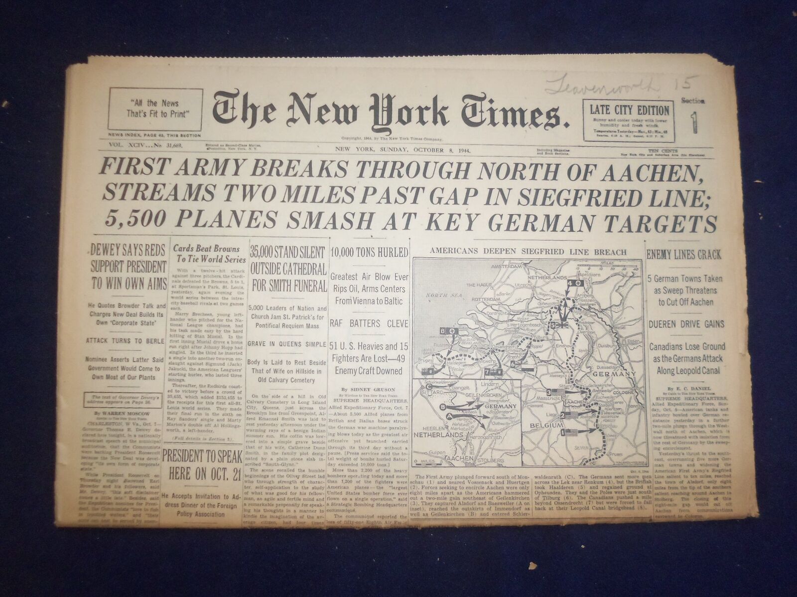 1944 OCT 8 NEW YORK TIMES - FIRST ARMY BREAKS THROUGH NORTH OF AACHEN - NP 6635